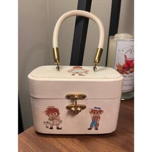 Vintage Raggedy Ann & Andy Wood Box Purse Red Gingham Lined Handle 70s 80s